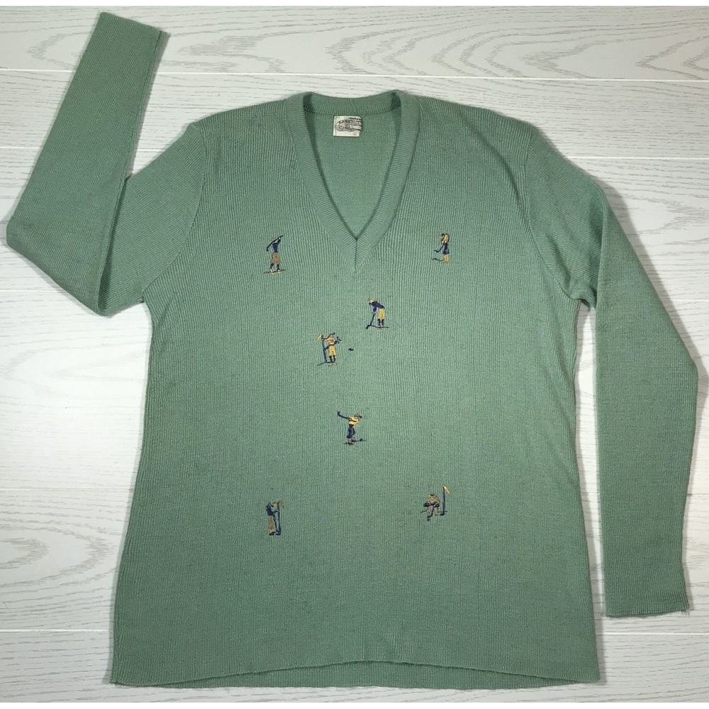 Vintage 80s Golf Sweater Men XL Eagle 100% Virgin Acrylic V-Neck Slim Fit Retro